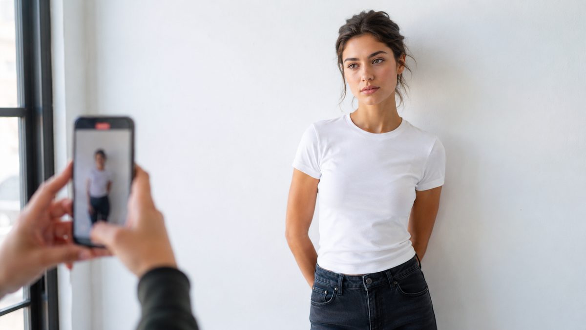 Esempio di foto polaroid per agenzia modelli — sfondo neutro, luce naturale